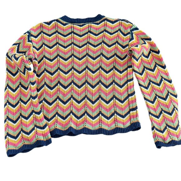 Shein Flare Long Sleeve Open Knit Chevron Crew Neck Crop Sweater - Picture 4 of 7